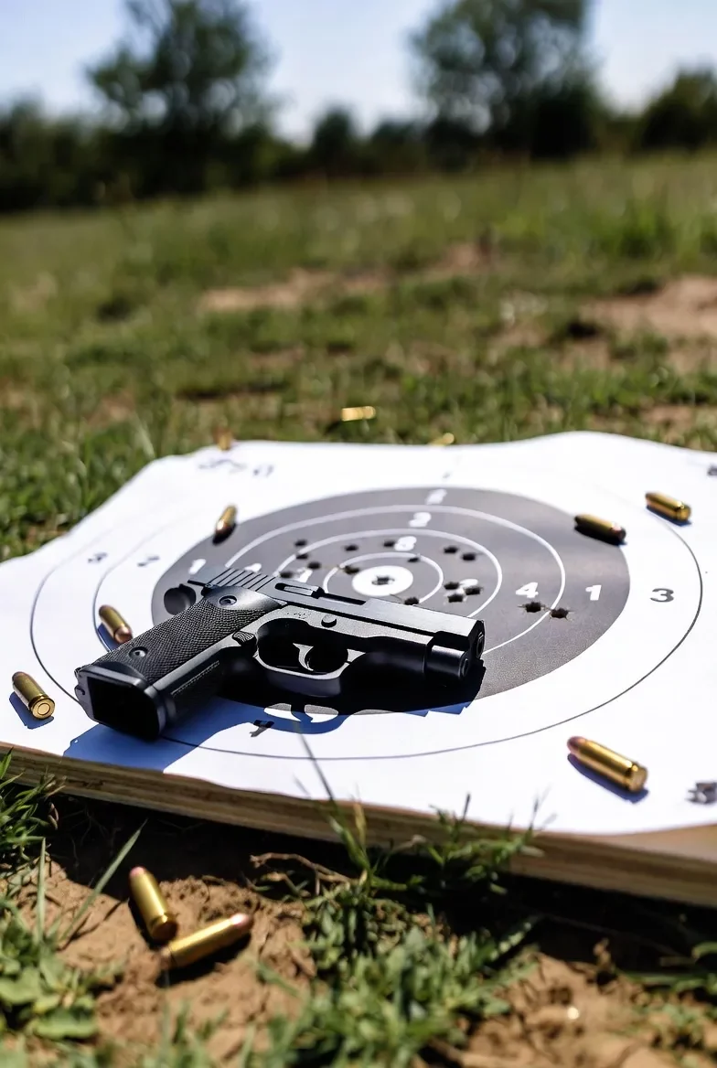 Czarny pistolet leżący na papierowej tarczy strzeleckiej z widocznymi przestrzelinami i rozsypaną amunicją na trawie.