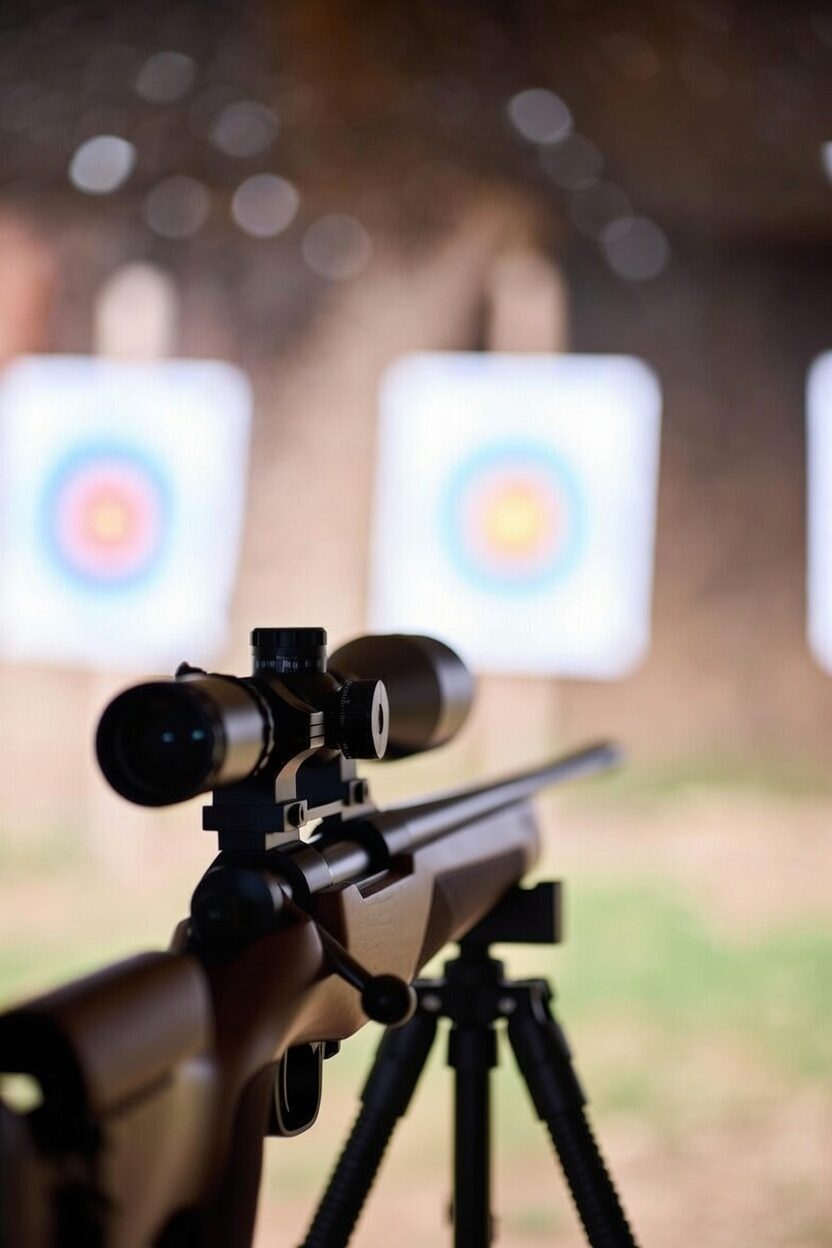 Widok przez lunetę karabinu sportowego na tarcze strzeleckie podczas zawodów Stowarzyszenia Narodowo-Patriotycznego im. Błyska.