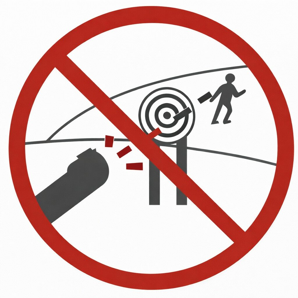 Znak zakazu celowania z broni w ludzi na strzelnicy – podstawowe zasady bezpieczeństwa strzelectwa sportowego