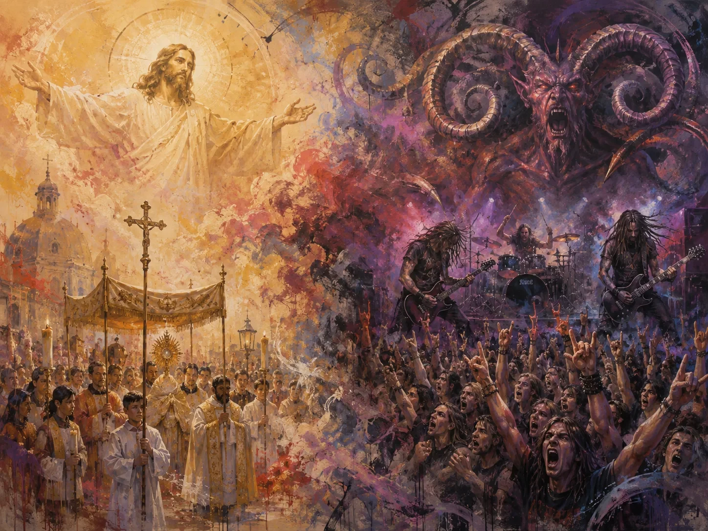 Kontrastowa grafika przedstawiająca procesję Bożego Ciała z postacią Jezusa Chrystusa po lewej stronie oraz koncert muzyki metalowej z demoniczną postacią po prawej stronie.